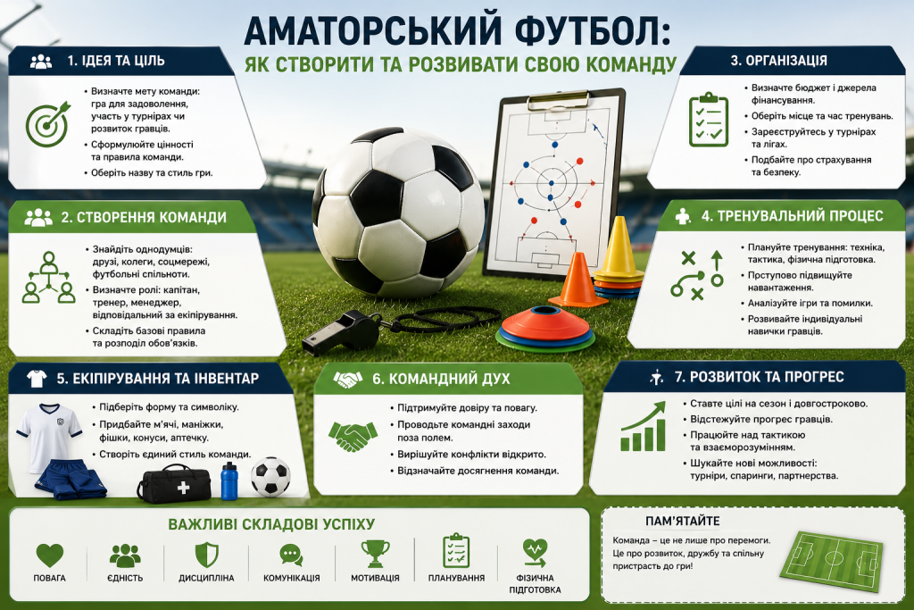 Інфографіка про створення аматорської футбольної команди, тренування, екіпірування та розвиток