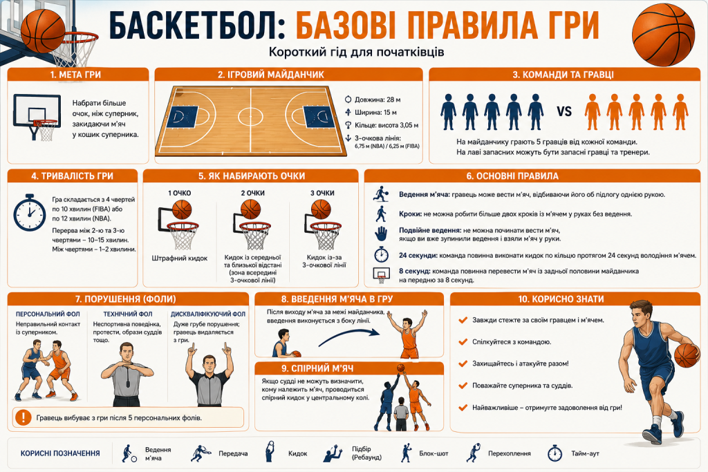 Інфографіка з основними правилами баскетболу, розмірами майданчика, системою очок і порушеннями