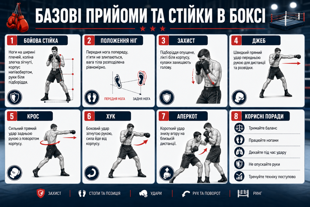 Інфографіка з базовою боксерською стійкою, захистом та технікою ударів джеб, крос, хук і аперкот