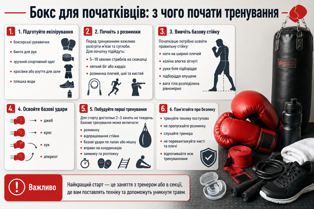 Інфографіка для початківців про перші тренування з боксу, базові удари, стійку та екіпірування