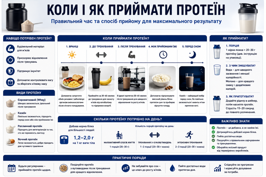 Інфографіка про час прийому протеїну, види білкових добавок, дозування та правила вживання