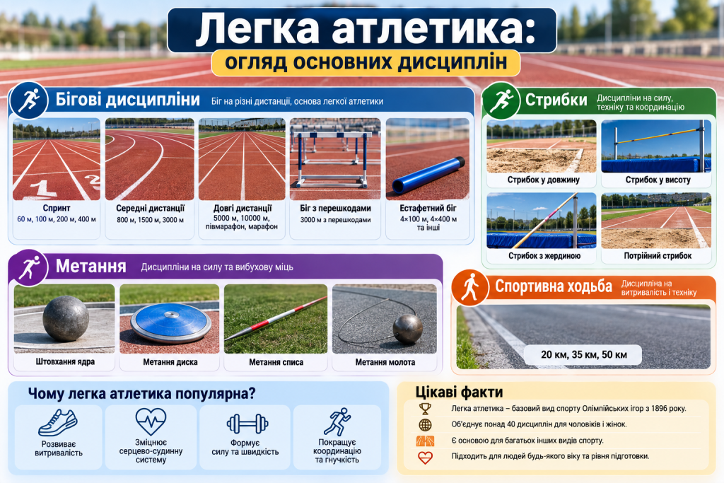Інфографіка про основні дисципліни легкої атлетики: біг, стрибки, метання та спортивна ходьба