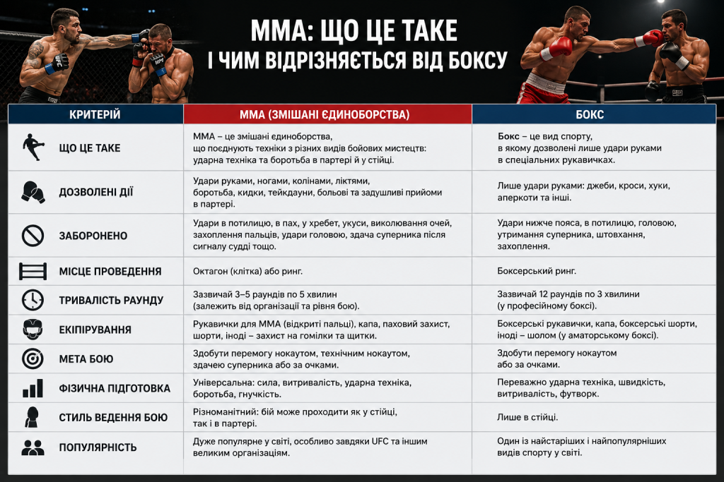 Інфографіка з порівнянням ММА та боксу за правилами, технікою, екіпіруванням і форматом бою