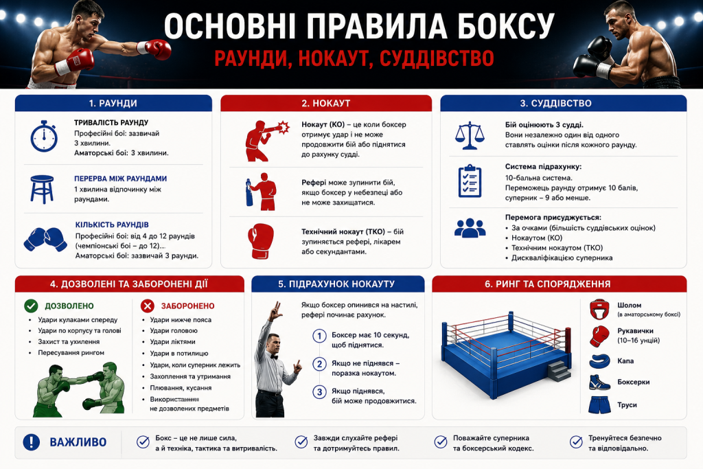 Інфографіка про правила боксу, тривалість раундів, нокаут, суддівство та екіпірування боксерів