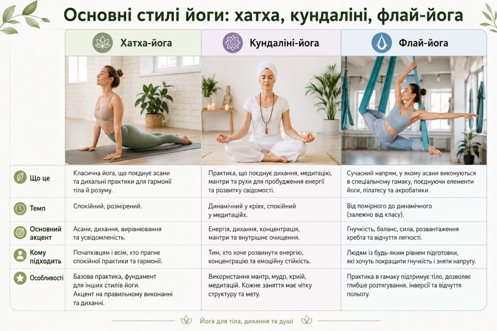 Порівняльна таблиця стилів йоги: хатха-йога, кундаліні-йога та флай-йога