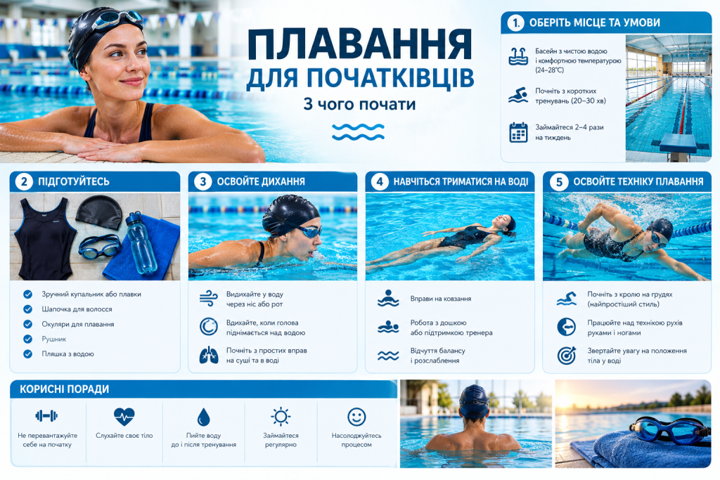 Інфографіка для початківців про підготовку до плавання, дихання, утримання на воді та техніку