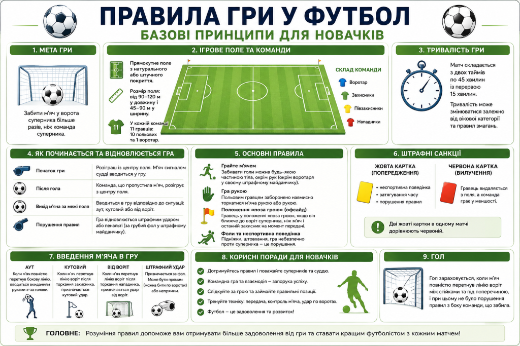 Інфографіка з основними правилами футболу, розміткою поля, складом команди та порушеннями