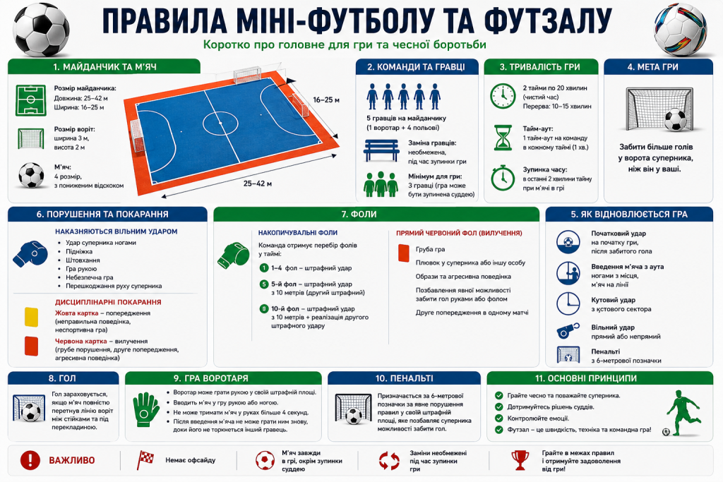Інфографіка про правила футзалу та мініфутболу, розміри майданчика, склад команди, фоли й пенальті