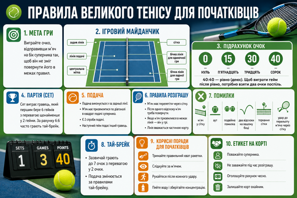 Інфографіка з основними правилами тенісу, підрахунком очок, подачею та розміткою корту