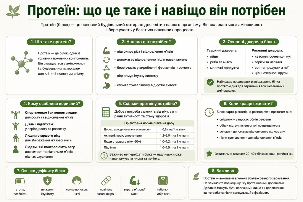 Інфографіка про протеїн, його користь, джерела білка, добову потребу та ознаки дефіциту