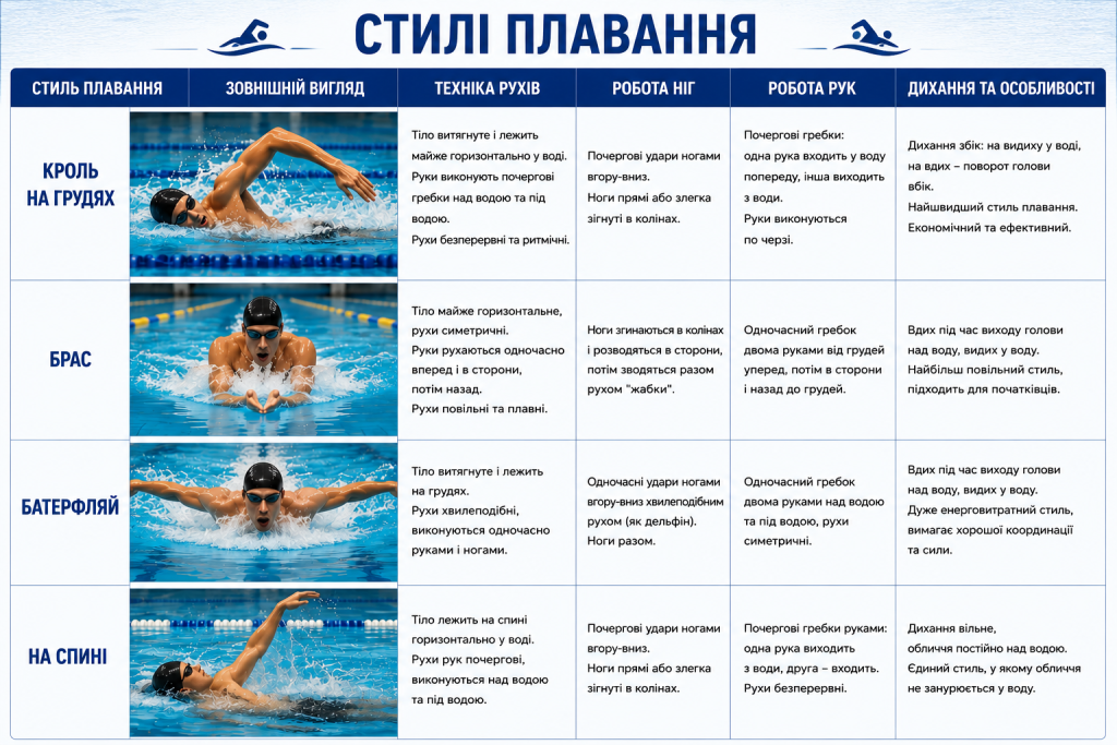 Таблиця стилів плавання з описом техніки кролю, брасу, батерфляю та плавання на спині