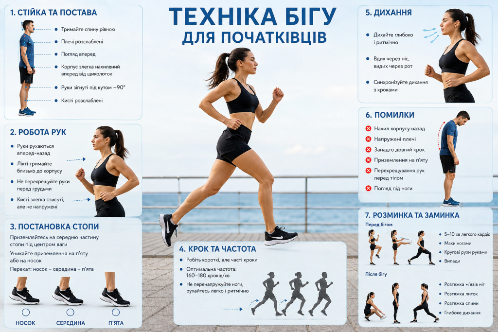 Інфографіка про правильну техніку бігу, постановку стопи, роботу рук, дихання та розминку