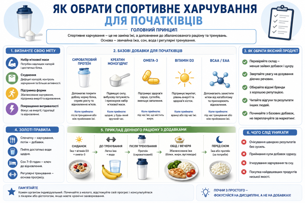 Інфографіка про вибір спортивного харчування та основних добавок для початківців