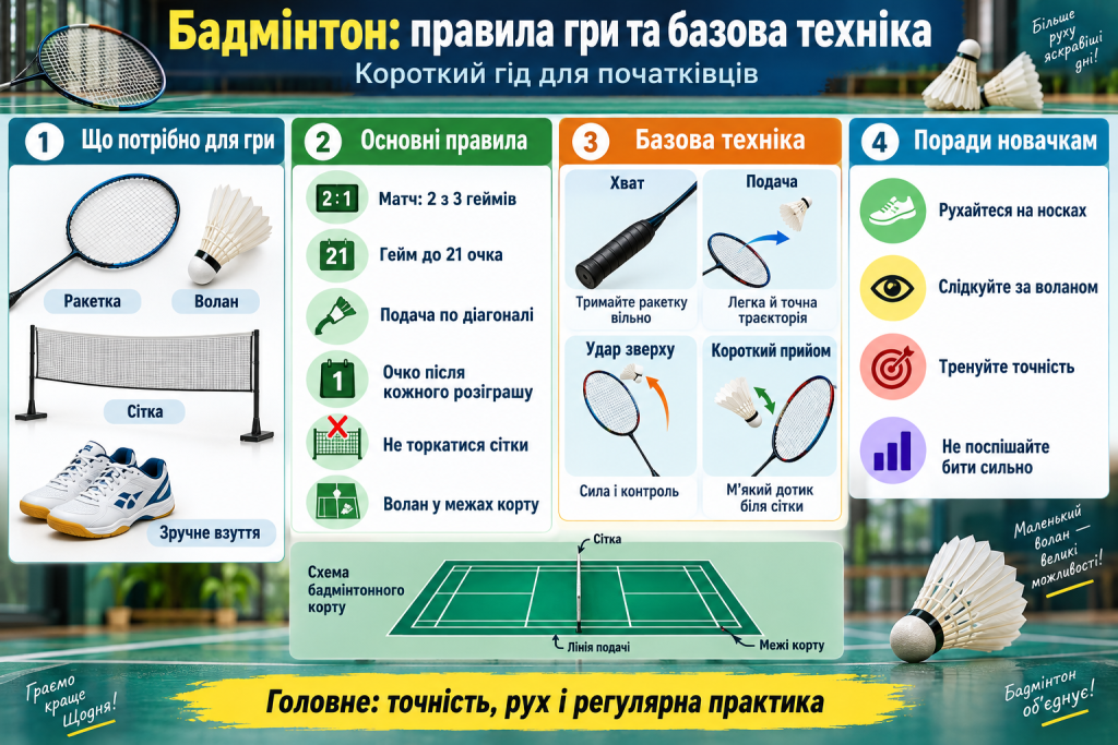 Інфографіка для початківців про правила бадмінтону, необхідне спорядження, базову техніку ударів, подачу та розмітку корту.
