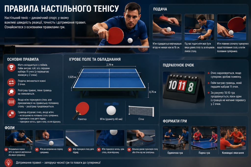 Інфографіка з основними правилами настільного тенісу, правильною подачею, розмірами столу, підрахунком очок і видами гри