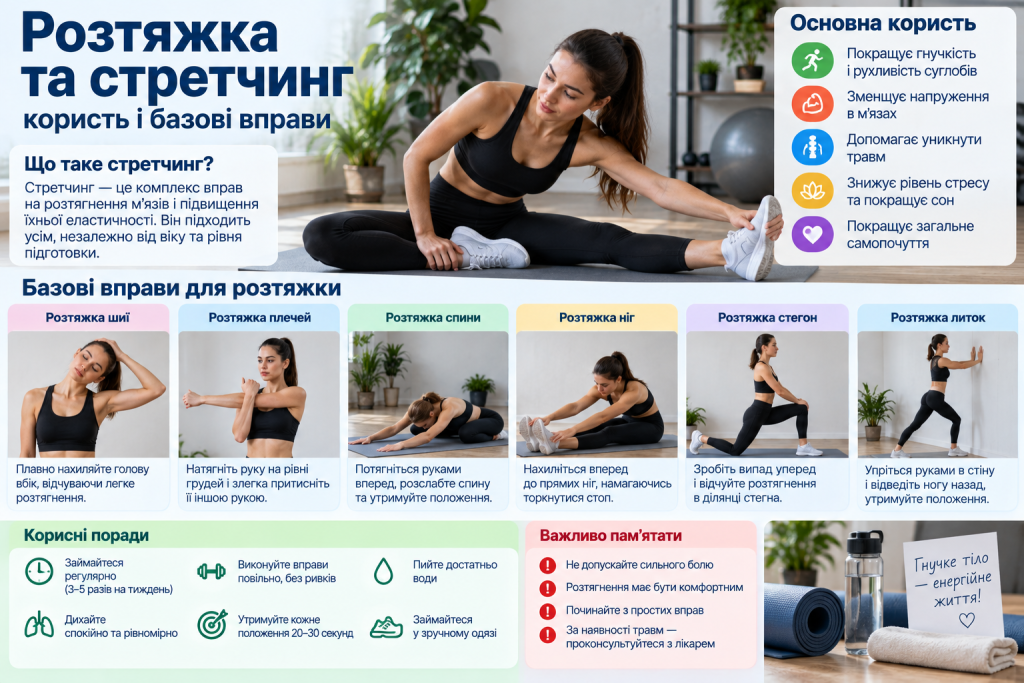 Інфографіка про стретчинг, користь розтяжки, базові вправи для шиї, плечей, спини, ніг, стегон і литок та правила безпечних занять.