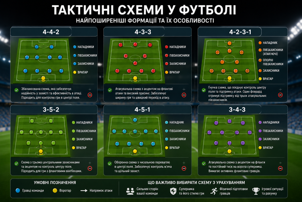 Інфографіка з футбольними тактичними схемами 4-4-2, 4-3-3, 4-2-3-1, 3-5-2, 4-5-1 і 3-4-3