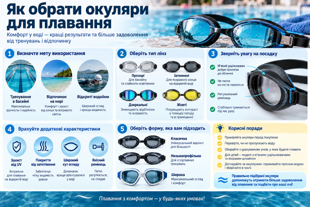Інфографіка про вибір окулярів для плавання за типом лінз, посадкою, формою, захистом від UV та додатковими характеристиками.