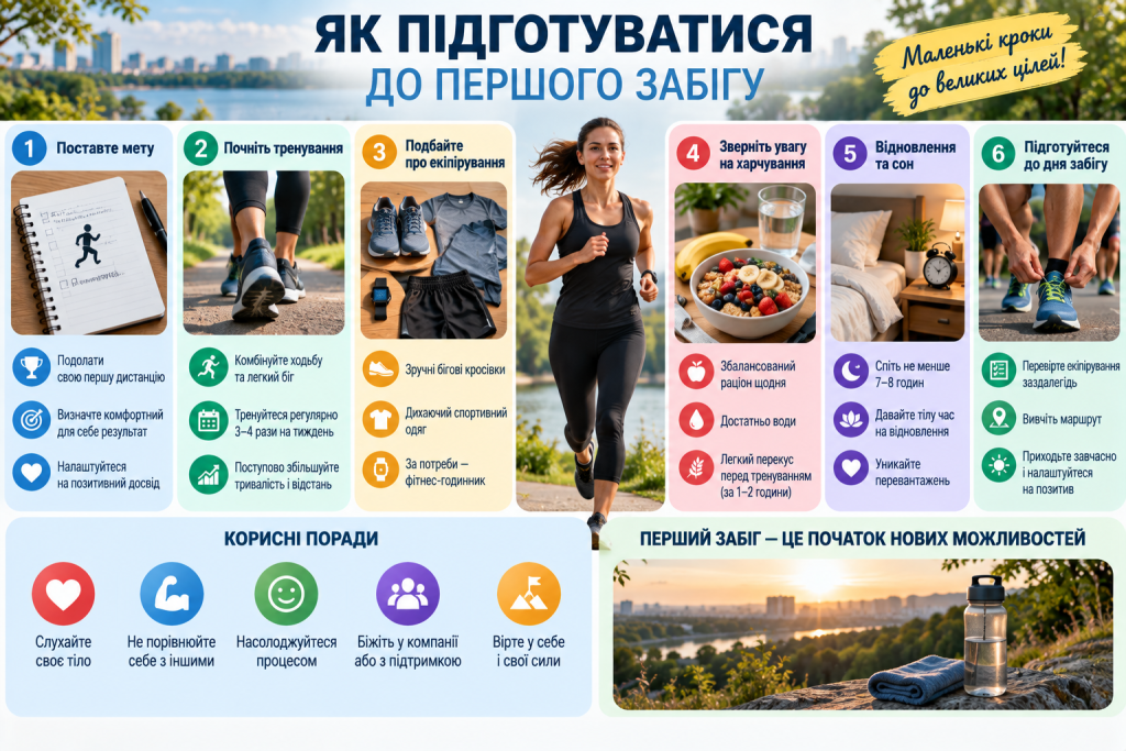 Інфографіка про підготовку до першого забігу — тренування, бігове екіпірування, харчування, сон, відновлення та підготовка до старту