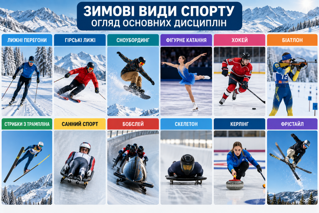 Інфографіка про зимові види спорту — лижні перегони, гірські лижі, сноубординг, фігурне катання, хокей, біатлон, бобслей, керлінг та інші дисципліни